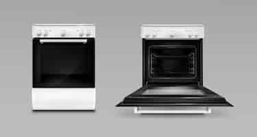 Gratis vector oven, elektrische keukenapparatuur, open of gesloten fornuis in witte kleur vooraanzicht.