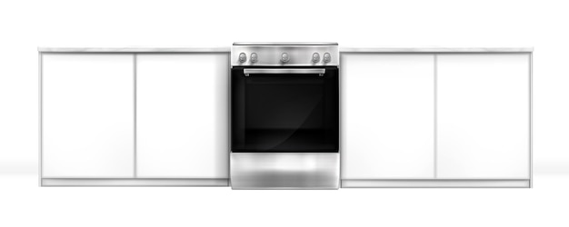 Gratis vector oven in keukenbureau, elektrisch inbouwapparaat, gesloten zilver fornuis en kasten vooraanzicht. huishoudtechnieken, huistechnische apparatuur geïsoleerd op een witte achtergrond, realistische 3d-vector mockup