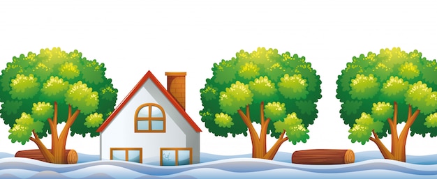 Gratis vector overstroomd huis met rivier en bomen