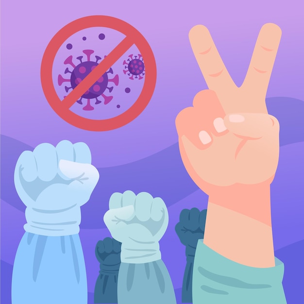 Gratis vector overwinning op het coronavirus met handschoenen