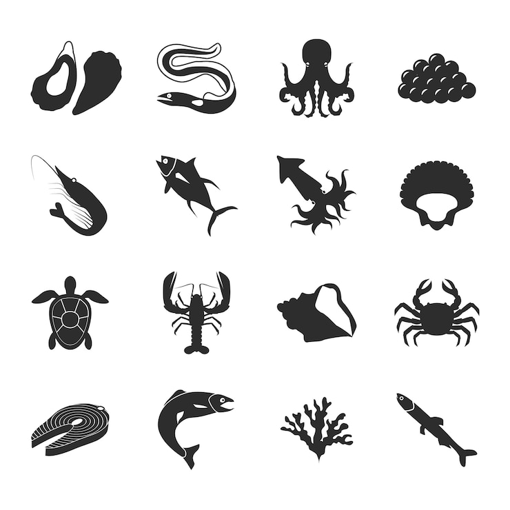 Gratis Vector overzeese voedsel zwarte pictogrammen die met de garnalen van de zeekreeftzalm en tonijn geïsoleerde vectorillustratie worden geplaatst