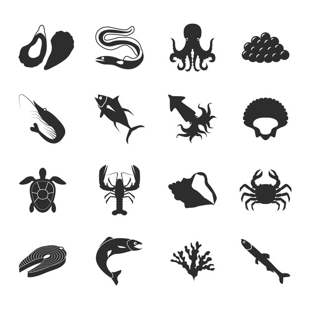 Overzeese voedsel zwarte pictogrammen die met de garnalen van de zeekreeftzalm en tonijn geïsoleerde vectorillustratie worden geplaatst