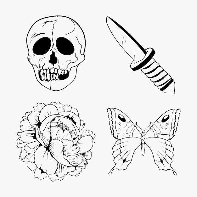 Gratis vector overzicht zwart-wit old school flash tattoo vector ontwerpset