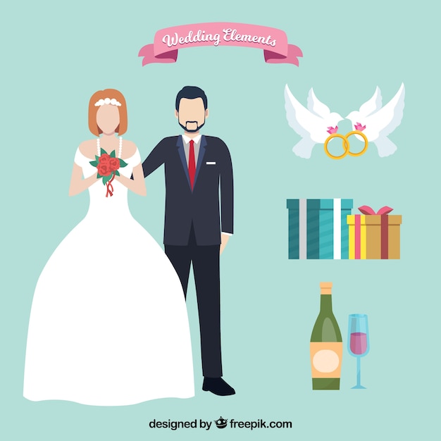 Paar bruid en bruidegom met huwelijkselementen