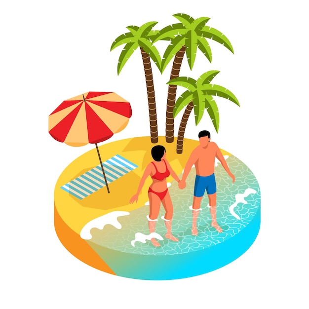 Gratis vector paar dat zich in water op tropisch strand met palmen en paraplu op zand 3d isometrische geïsoleerde vectorillustratie bevindt