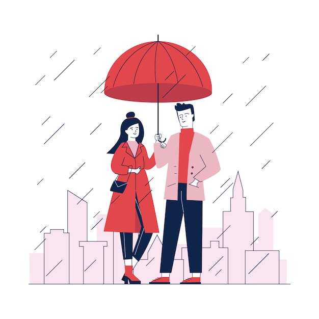 Gratis vector paar dat zich onder paraplu in straat op regenachtig da bevindt