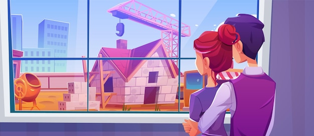 Paar kijken naar huis bouwplaats door raam vector cartoon illustratie van man en vrouw knuffelen in kamer thuis kijken naar kraan machine bouwen bakstenen huisje cement mixer stadsgezicht