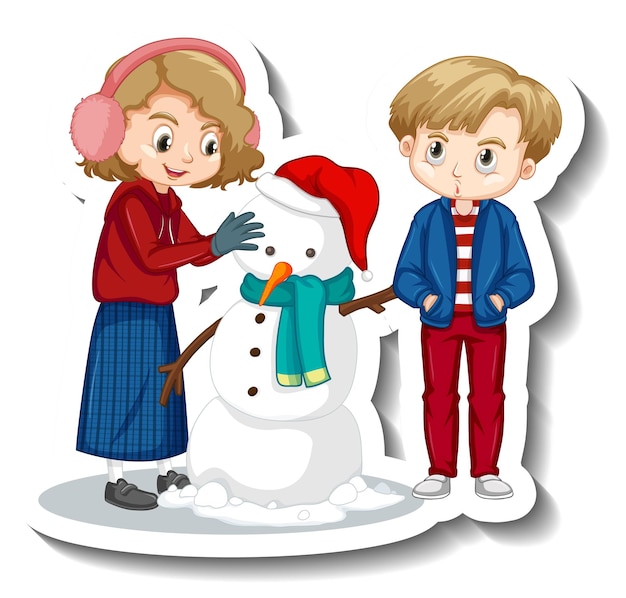 Paar kinderen bouwen sneeuwpop stripfiguur sticker