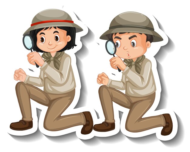 Gratis vector paar kinderen dragen safari outfit stripfiguur sticker