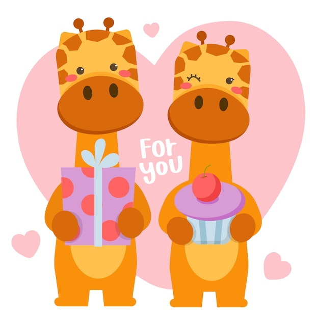 Gratis vector paar romantische giraffen vieren sint valentijn met grote geschenkdoos