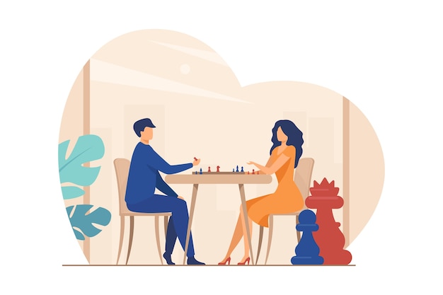 Paar Schaken. Man en vrouw op schaakbord platte vectorillustratie. Vrije tijd, hobby, intelligentie, uitdaging