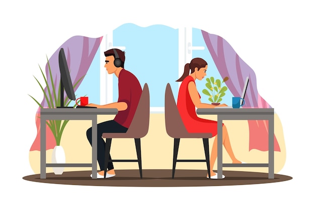 Gratis vector paar thuis werken man en vrouw zitten met computers man in koptelefoon meisje aan tafel familieactiviteiten externe werkplek samen moderne levensstijl