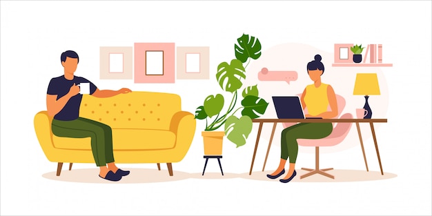 Paar thuis werken. vrouw zitten aan de tafel met laptop. concept freelance, online onderwijs of werk sociale media. thuiswerken, werk op afstand. vlakke stijl. illustratie.