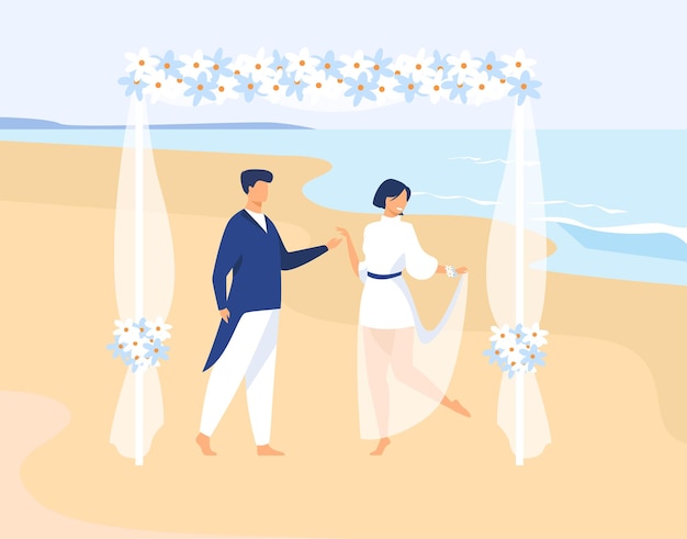 Gratis vector paar trouwen op tropisch eiland. bruidegom en bruid op huwelijksceremonie op zee