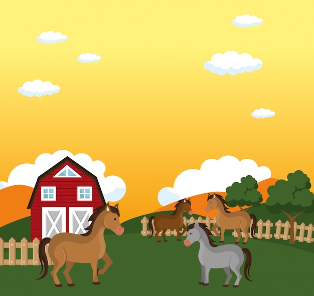 Paarden in de boerderij scène