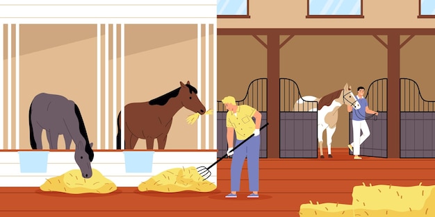 Gratis vector paarden stabiele interieur platte achtergrond met arbeiders die zich voeden en geven om rasechte dieren vector illustratie