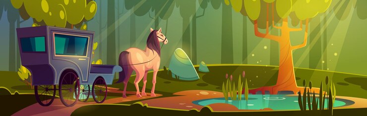 Gratis Vector paardenkoets in bos met bomen en vijver. uitstekende zwarte kar op weg in bos. vector cartoon sprookjesachtige illustratie van zomer parklandschap met meer en retro paard coach