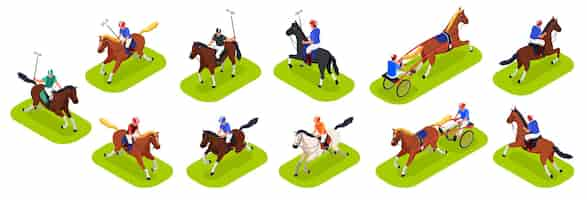 Gratis vector paardensport concept set met paardenrennen en paardrijden symbolen isometrische geïsoleerde vectorillustratie