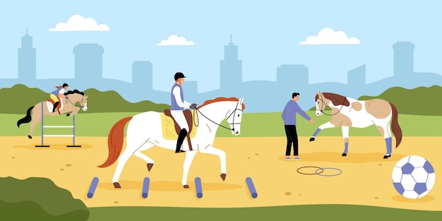 Paardensport vlakke achtergrond met mensen die paarden trainen die contact maken met dieren en paardrijden vectorillustratie