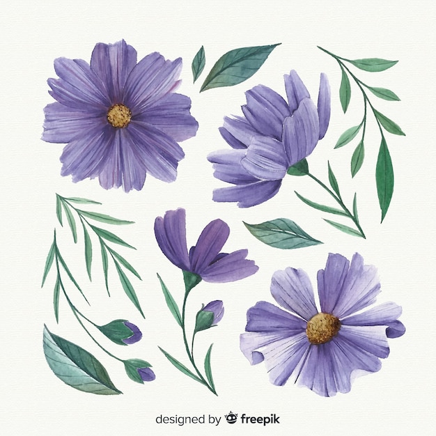 Gratis vector paarse aquarel bloemen en bladeren