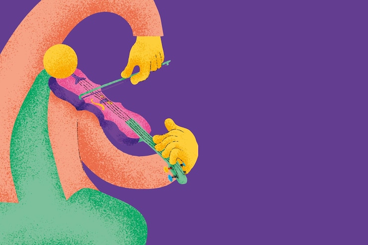 Gratis Vector paarse muzikale achtergrond vector met violist muzikant platte afbeelding