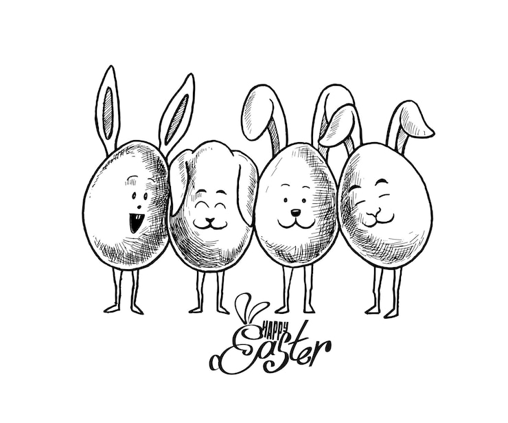 Gratis Vector paashaas en paaseieren hand getrokken schets vectorillustratie