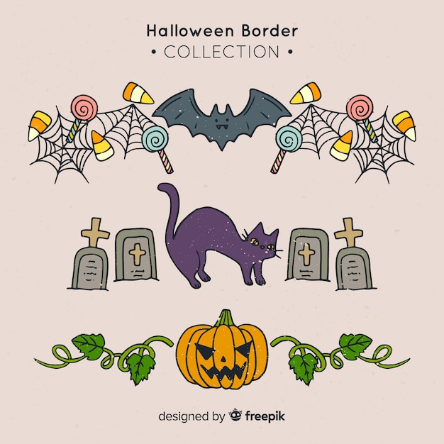 Gratis vector pak decoratieve halloween-grenzen ter beschikking getrokken stijl