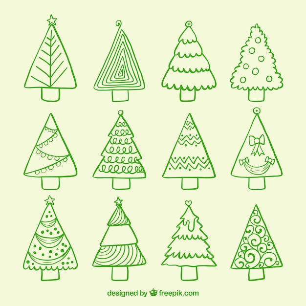 Gratis vector pak met handgetekende kerstbomen