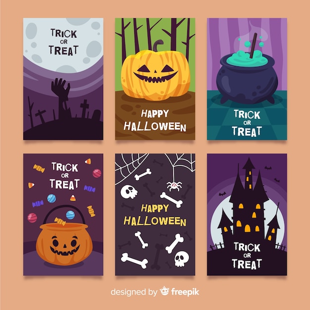 Gratis vector pak platte halloween-kaarten