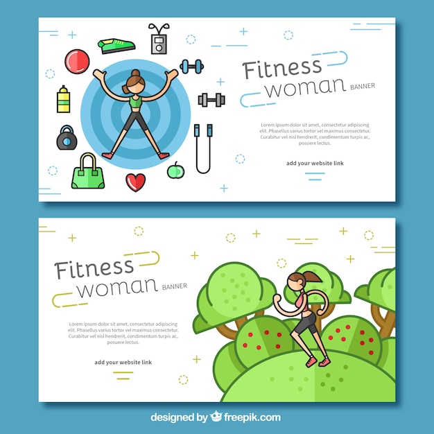 Gratis vector pak van banners wit fitness gereedschappen en vrouw lopen