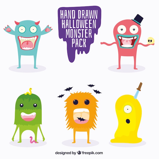 Pak van de hand getekende grappig monsters