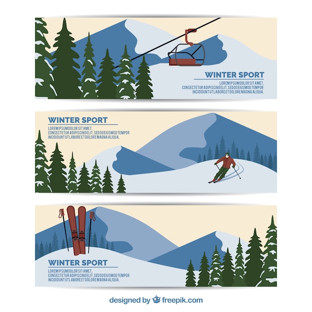 Gratis vector pak van drie platte banners met wintersport