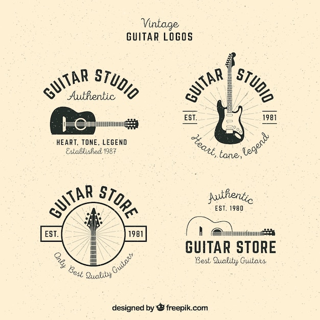 Gratis vector pak van gitaarlogo's in vintage stijl