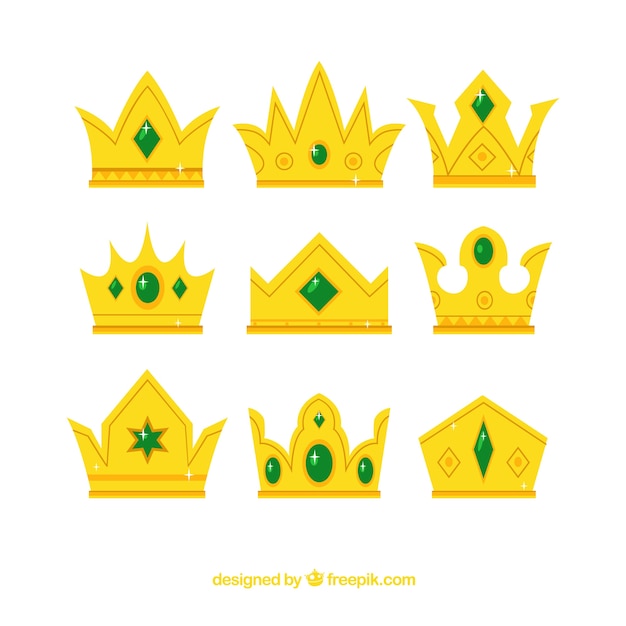 Gratis vector pak van gouden kronen met groene edelstenen