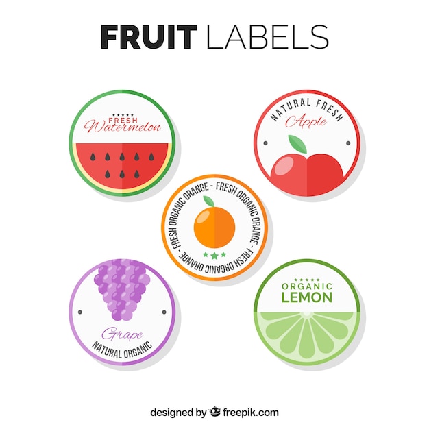 Gratis vector pak van rond fruit labels in plat design