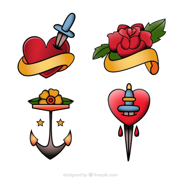 Gratis vector pak van tatoeages met hartjes en bloemen