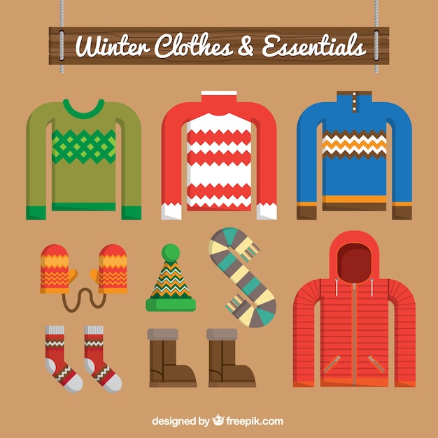 Gratis vector pak van truien en winter accessoires in plat design