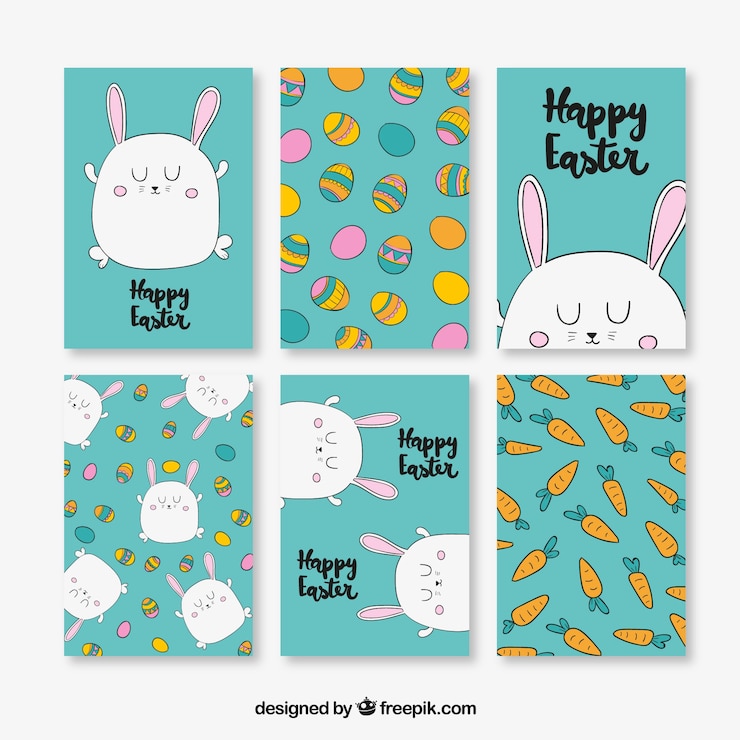 Gratis Vector pak van zes pasen kaarten met traditionele producten
