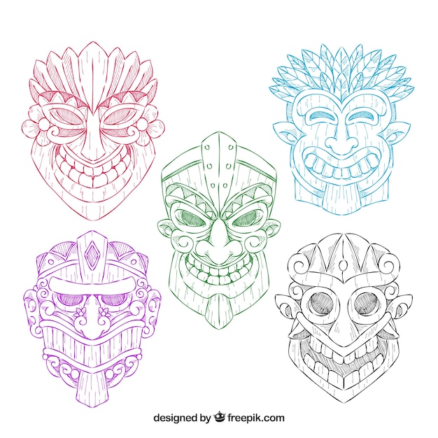 Pakje tiki maskers van kleuren getekend met de hand