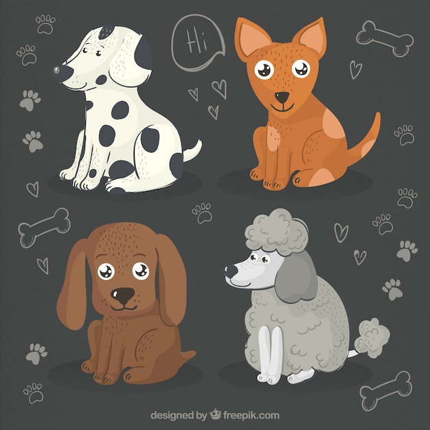 Gratis vector pakje van vier met de hand getekende leuke honden