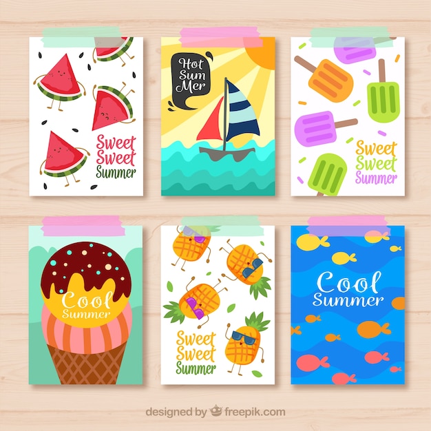 Gratis vector pakket zomerkaarten met platte artikelen