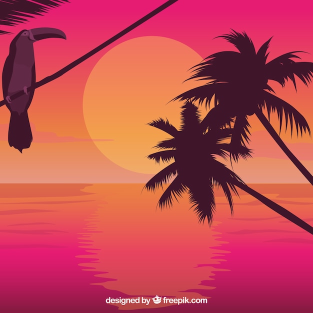 Gratis vector palmbomen en toekan bij zonsopgang