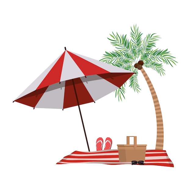 Gratis vector palmboom met gestreepte strandparaplu