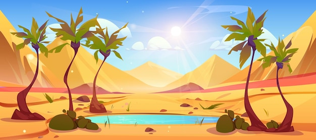Gratis vector palmboommeer in woestijnoase en zon in hemel vector egypte landschap zandbergheuvels en vijver water luchtspiegeling oosten droge natuur milieu afrikaanse moeraskust met bladeren horizontaal behang