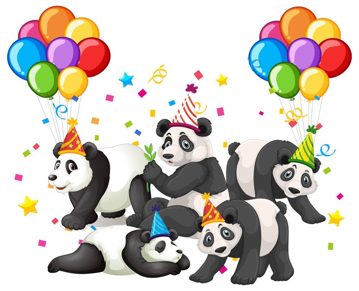 Gratis Vector panda groep in partij thema stripfiguur op bos achtergrond