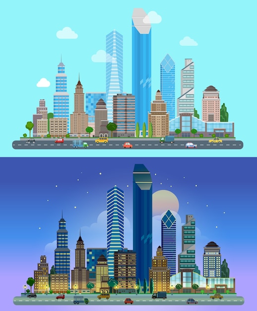 Gratis vector panorama van de stad wolkenkrabbers de lucht op de achtergrond dag nacht