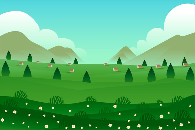 Gratis vector panoramische huizen en bomen lente landschap