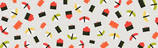 Panoramische realistische achtergrond japanse broodjes en sushi, websjabloon - vectorillustratie