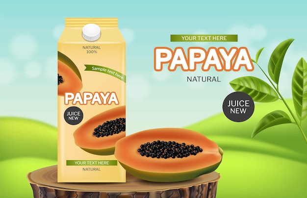 Papaya juice drink vector realistisch productplaatsing pakket vers natuurlijk sap