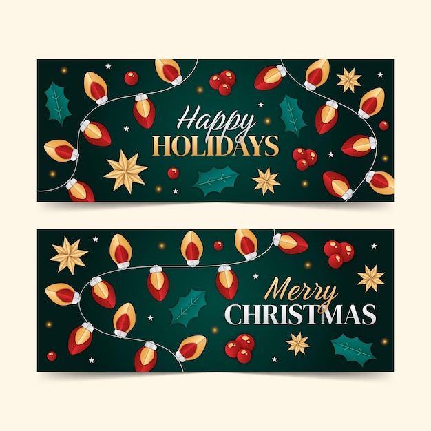 Paper stijl kerst horizontale banners ingesteld met lichten krans